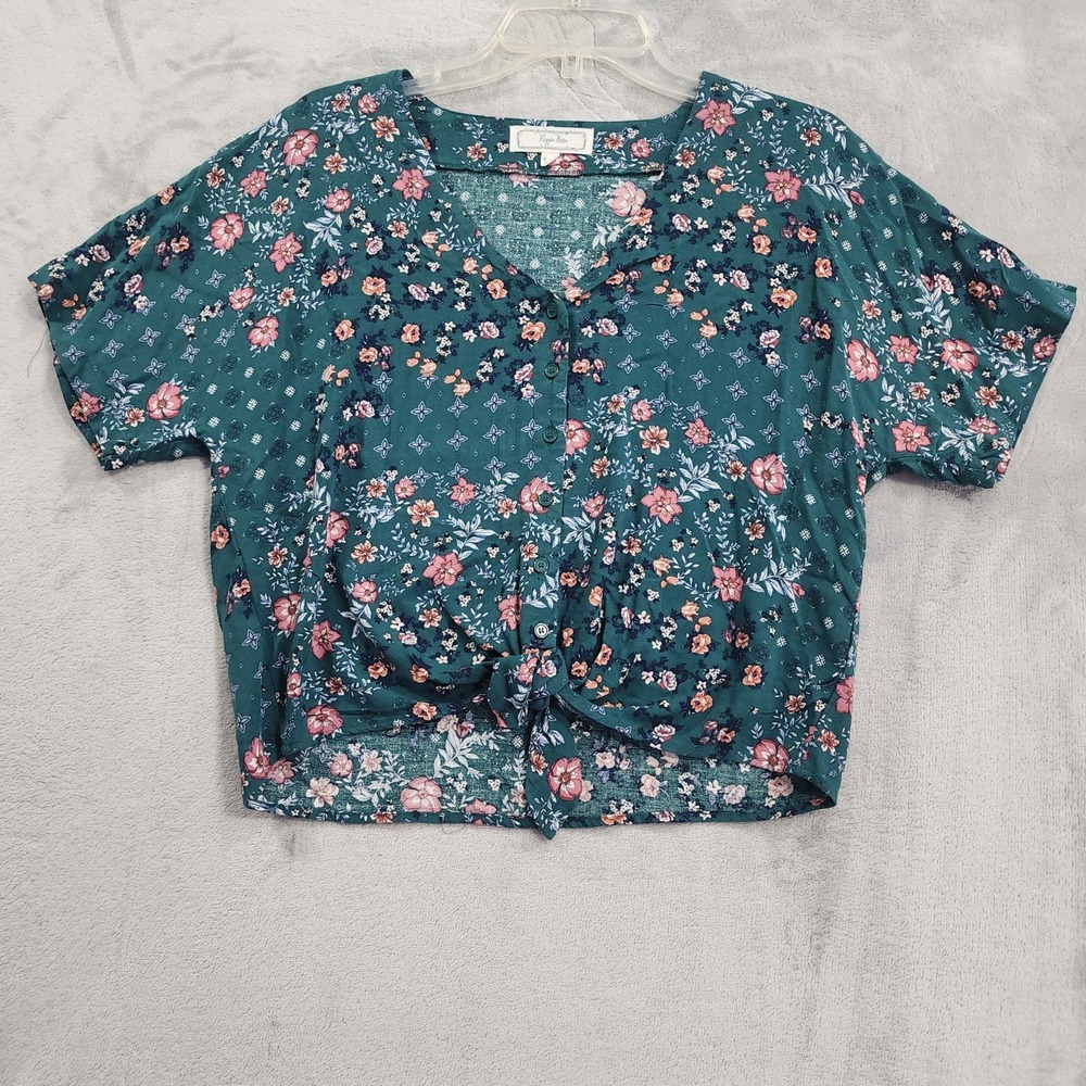 Hippie Rose Top Womens XS Green Floral Button‎ Front Tie Hem Crop Short Sleeve